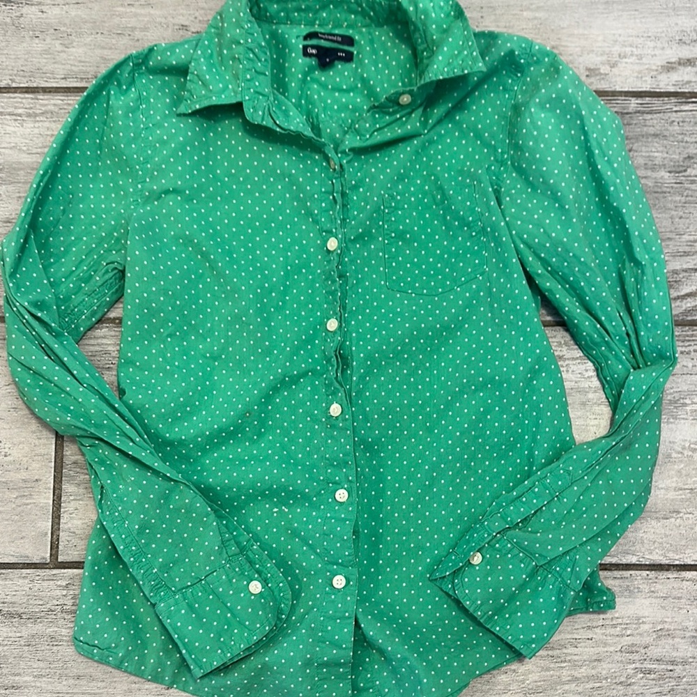 Gap Green Polka Dot Boyfriend Fit Women's Top size Small
